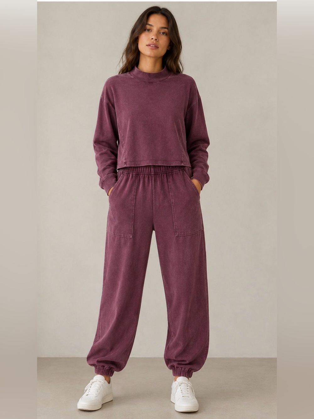 NWT Sundry Mineral Wash Lounge Set Mock Neck Crop Top Utility Joggers Plum M
